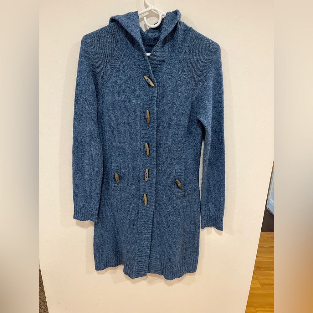Women's Blue Button-Up hooded Sweater